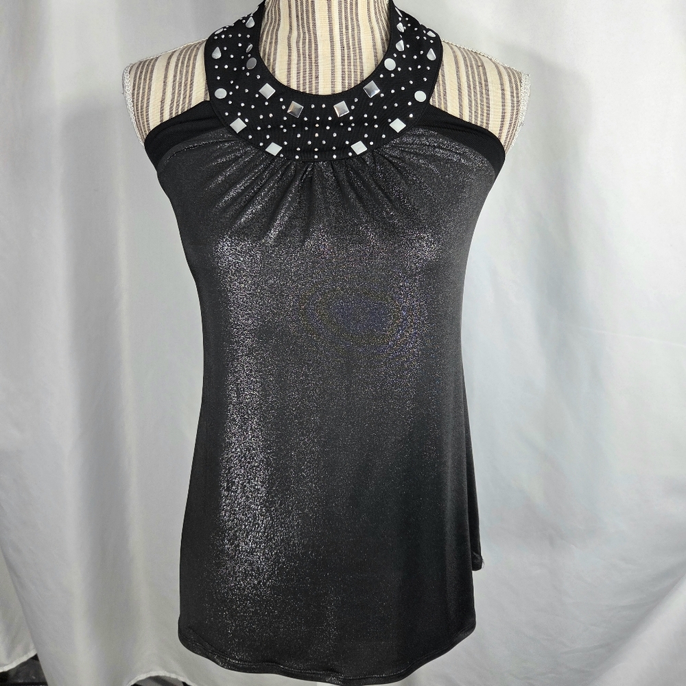 Luly K NYC Shimmery Grey/Black Studded Front Neck Halter Top Size Small